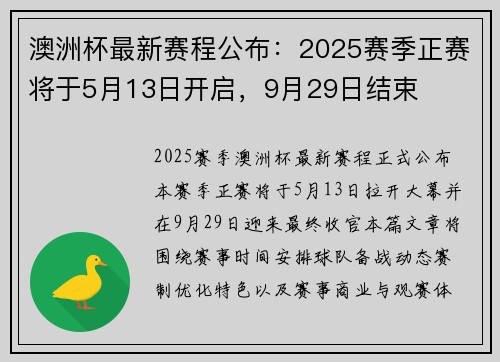 澳洲杯最新赛程公布：2025赛季正赛将于5月13日开启，9月29日结束